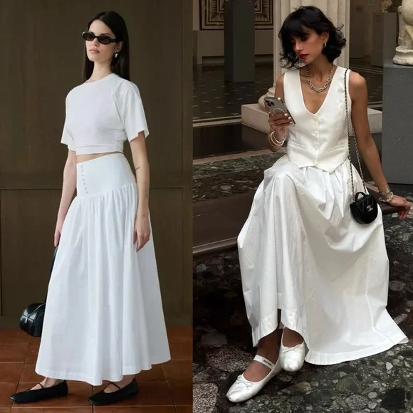 WEWOREWHAT Drop Waist Maxi Skirt White Cotton Poplin Smocked Back Size Small NWT - Picture 1 of 14